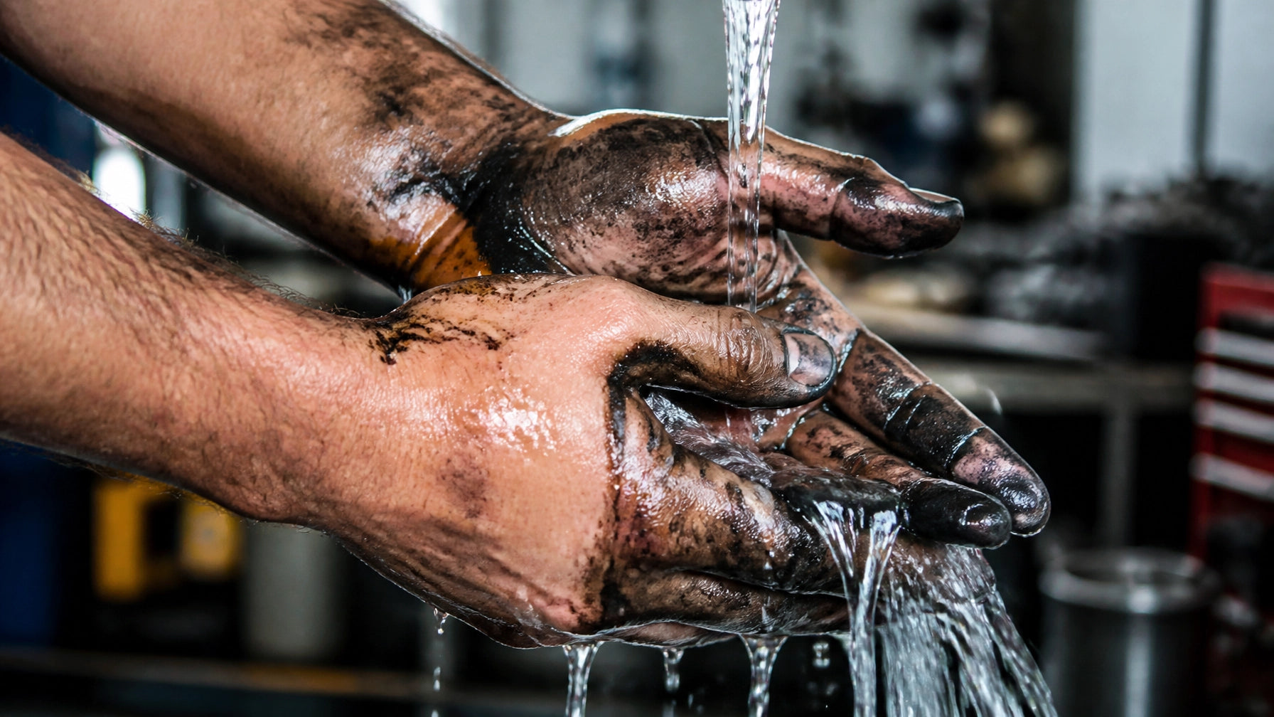Mechanic removing grease from hands without scrubbing using ONWEX barrier gel