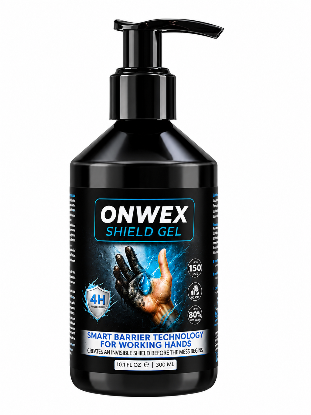 A 10.1 fl oz black pump bottle of Onwex Shield Gel for working hands, featuring a black label with blue and white text and a graphic of a hand wearing a protective shield.