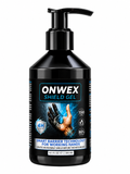 A 10.1 fl oz black pump bottle of Onwex Shield Gel for working hands, featuring a black label with blue and white text and a graphic of a hand wearing a protective shield.