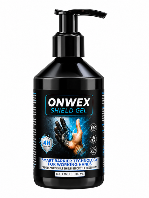 A 10.1 fl oz black pump bottle of Onwex Shield Gel for working hands, featuring a black label with blue and white text and a graphic of a hand wearing a protective shield.