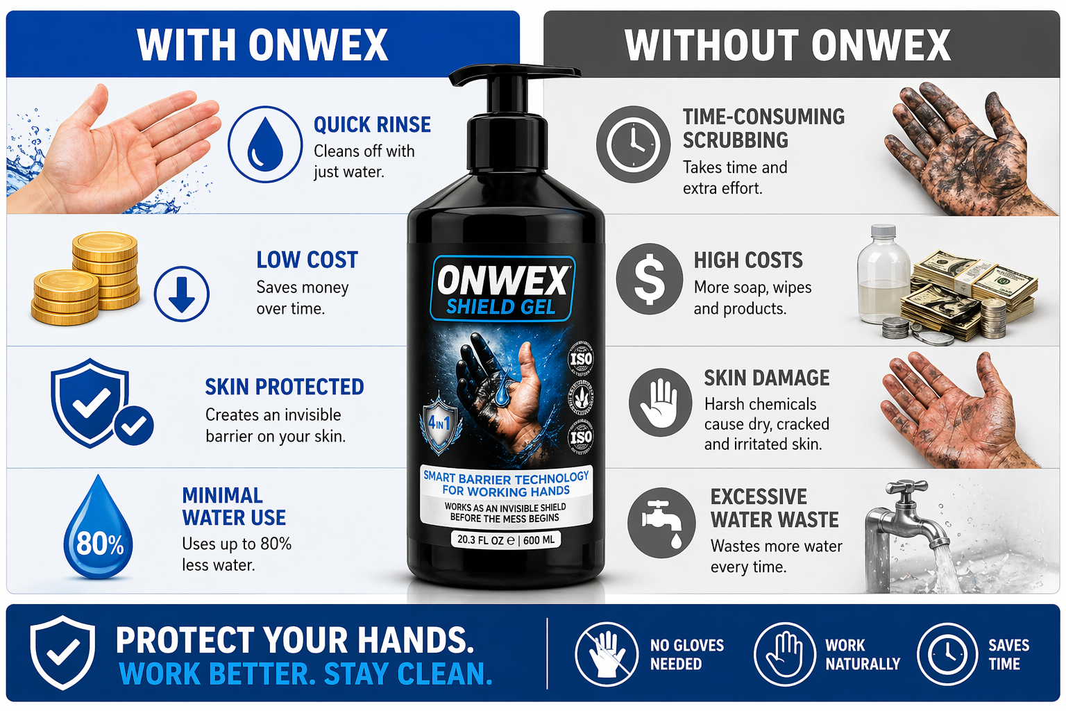Onwex Shield Gel advertisement comparing with and without use of the product.