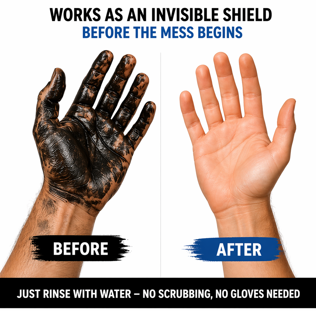 before and after hand protection with onwex grease paint removal comparison