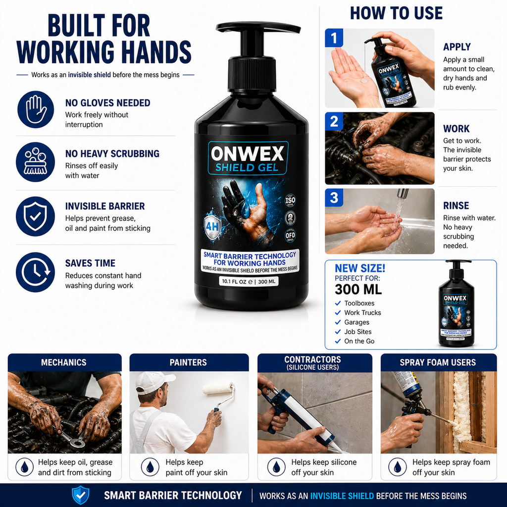 How to use ONWEX hand protection: apply, rub in, work, rinse with water