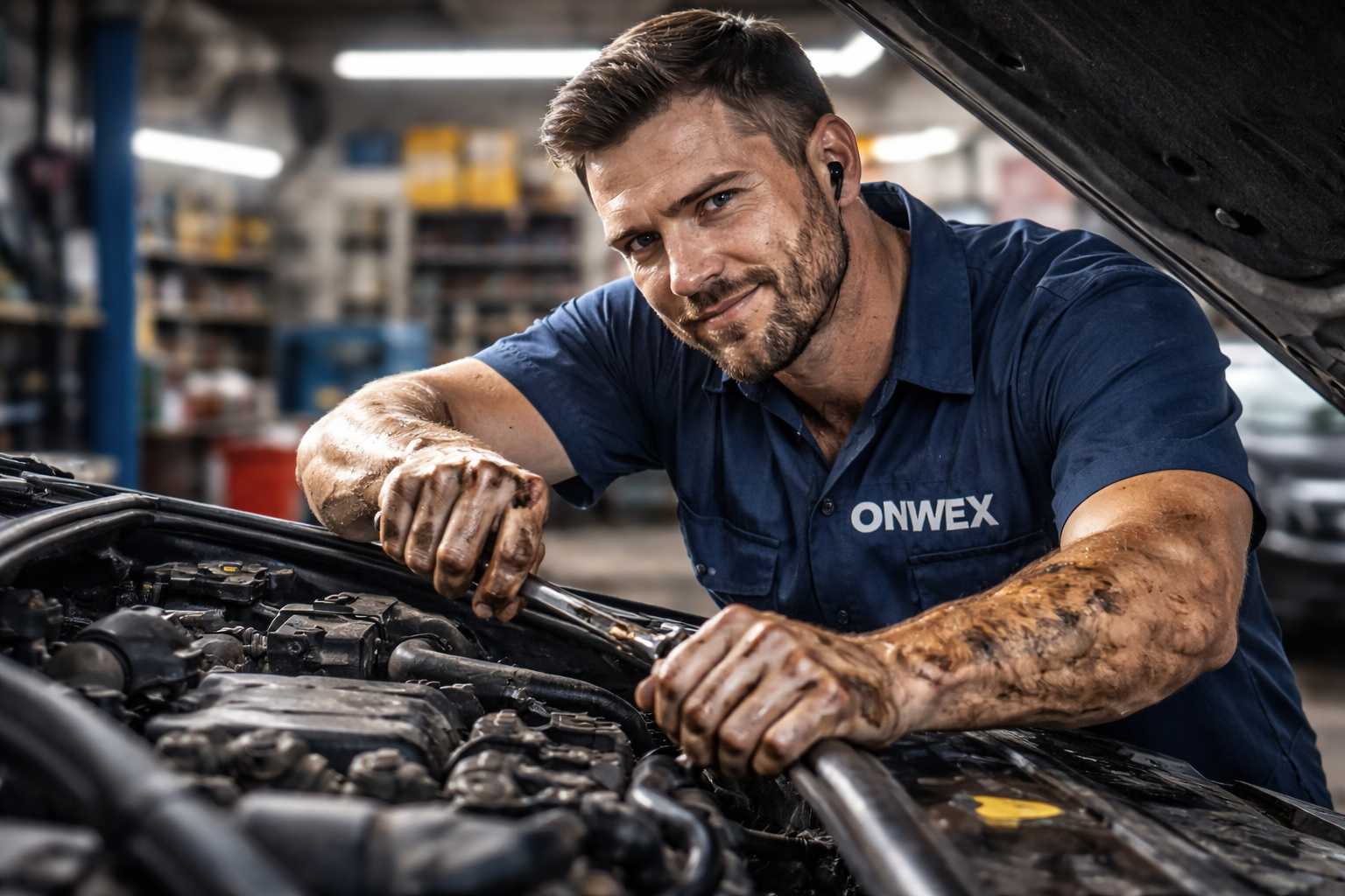 Mechanic working on a car engine in a workshop wearing an ONWEX shirt.