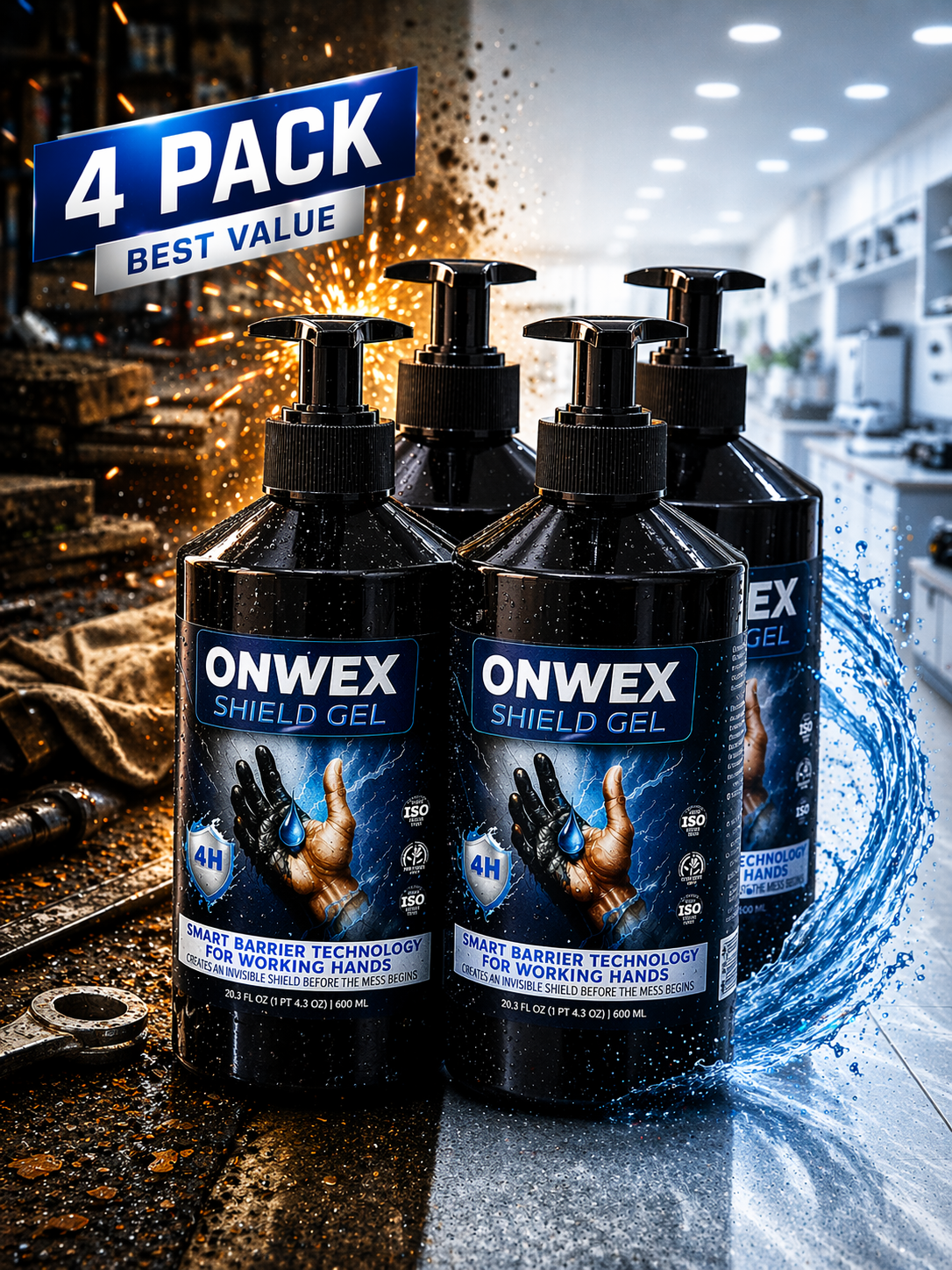 ONWEX 4 pack hand protection gel alternative to heavy duty hand cleaners for grease oil paint and spray foam used by mechanics contractors and industrial workers