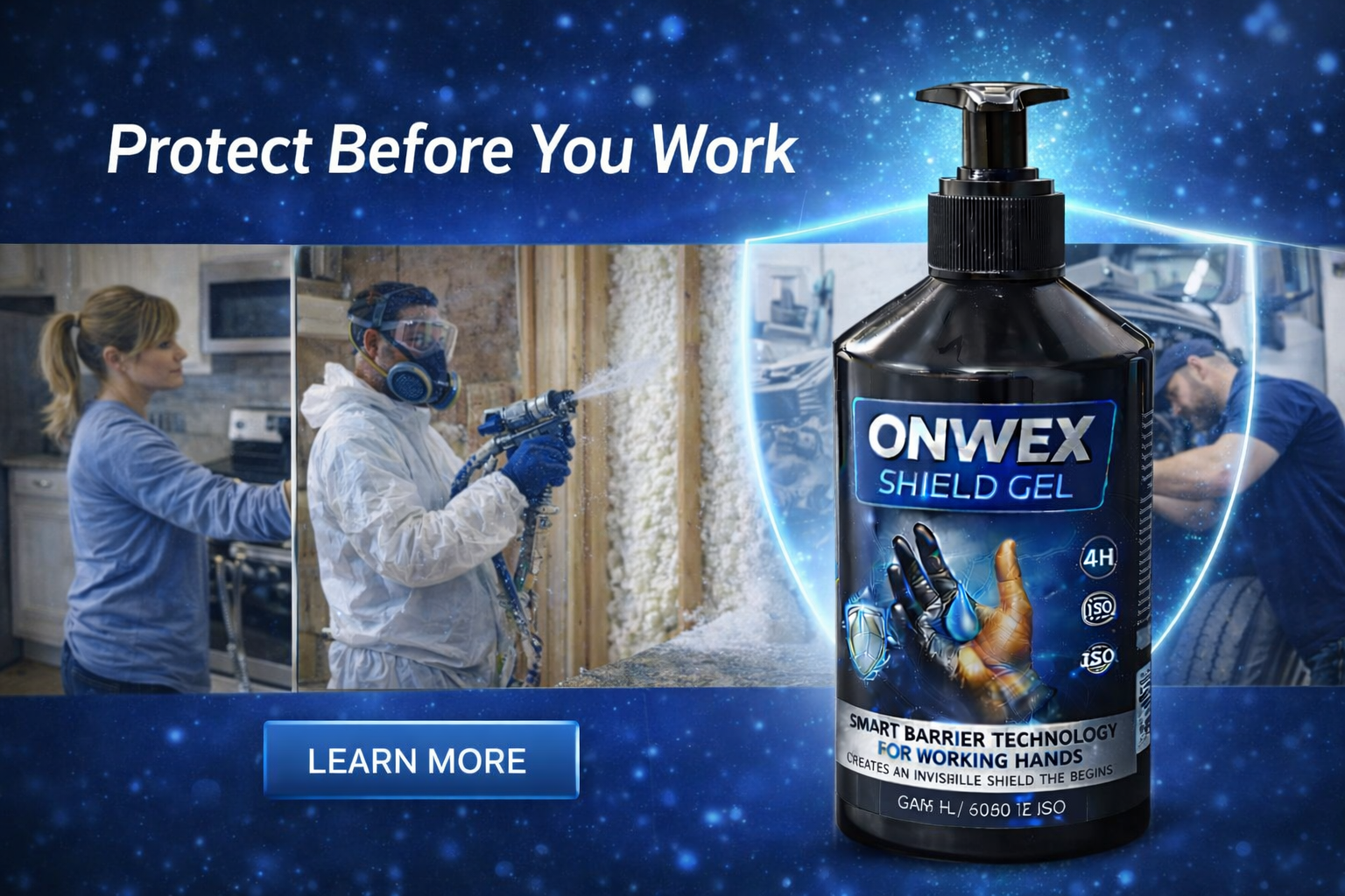 ONWEX invisible hand protection gel creating a barrier against grease oil paint and industrial dirt for mechanics painters and contractors